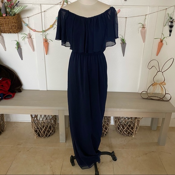 NEW Wayf Off The Shoulder Ruffle Popover Navy Gown - Picture 2 of 12